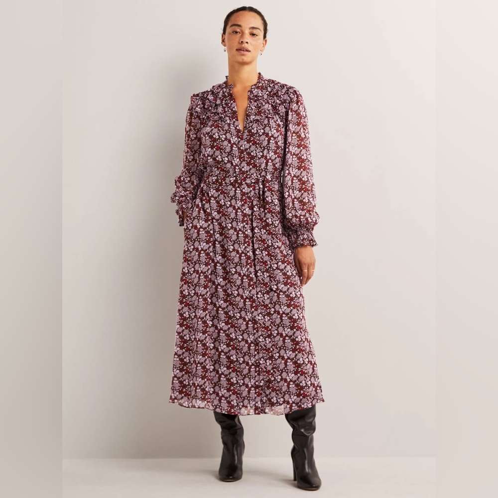 NWT Boden Ruffle Yoke Floral Chiffon Midi Dress US Size 8